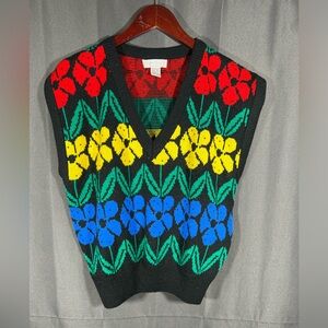 Vintage Linden O Knitted Vest Floral Multicolor Oversize Medium